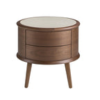 Walnut nightstand with cream leather top