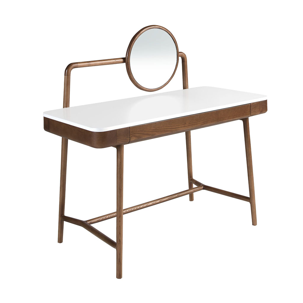 Walnut dressing table with white wooden top and mirror