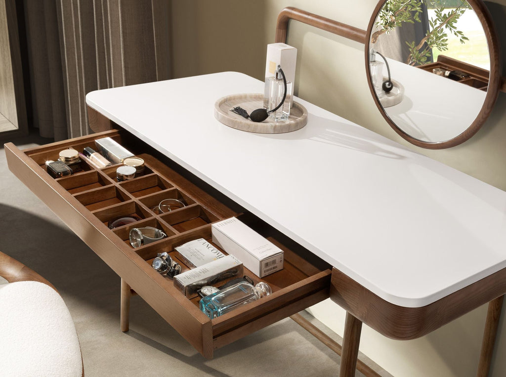 Walnut dressing table with white wooden top and mirror