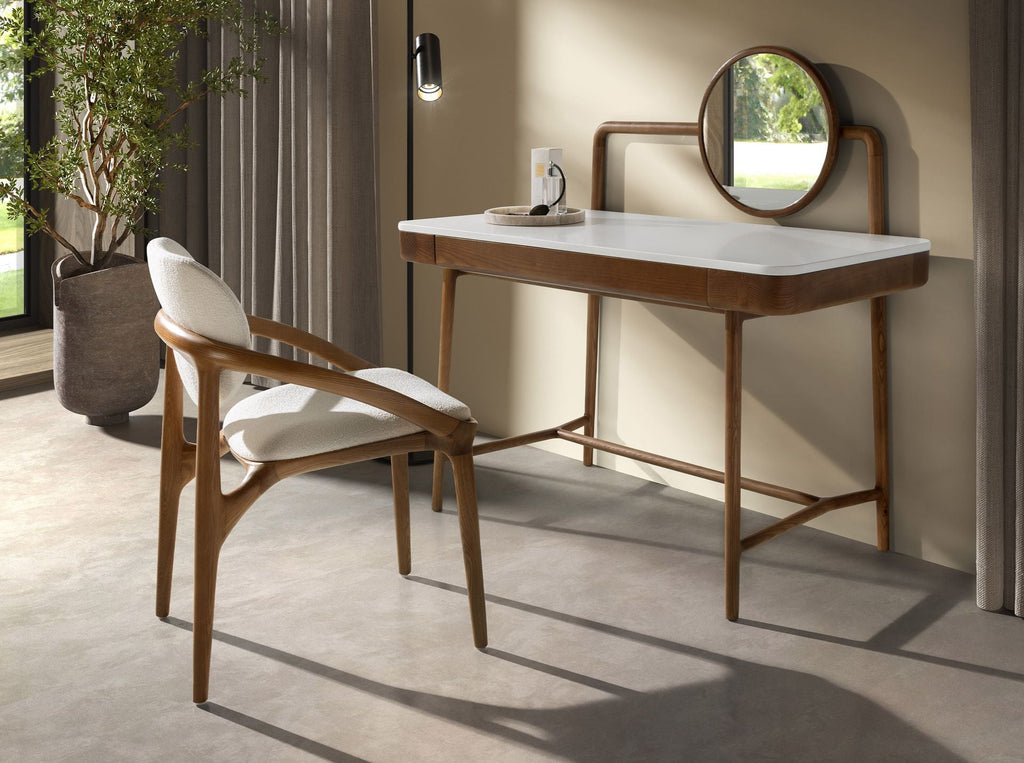 Walnut dressing table with white wooden top and mirror