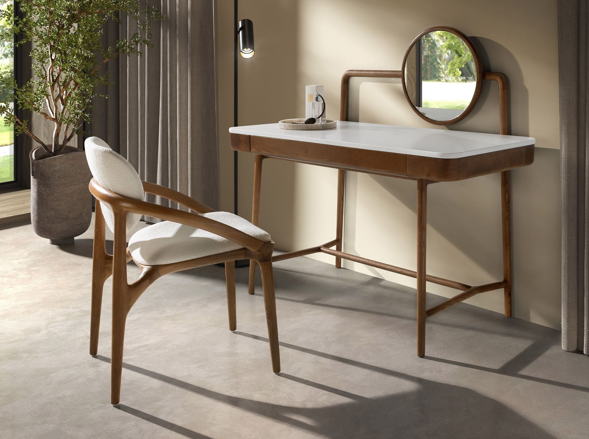 Walnut dressing table with white wooden top and mirror