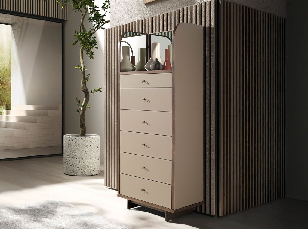 Dresser in faux leather, walnut, and polished steel with mirror