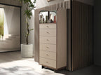 Dresser in faux leather, walnut, and polished steel with mirror