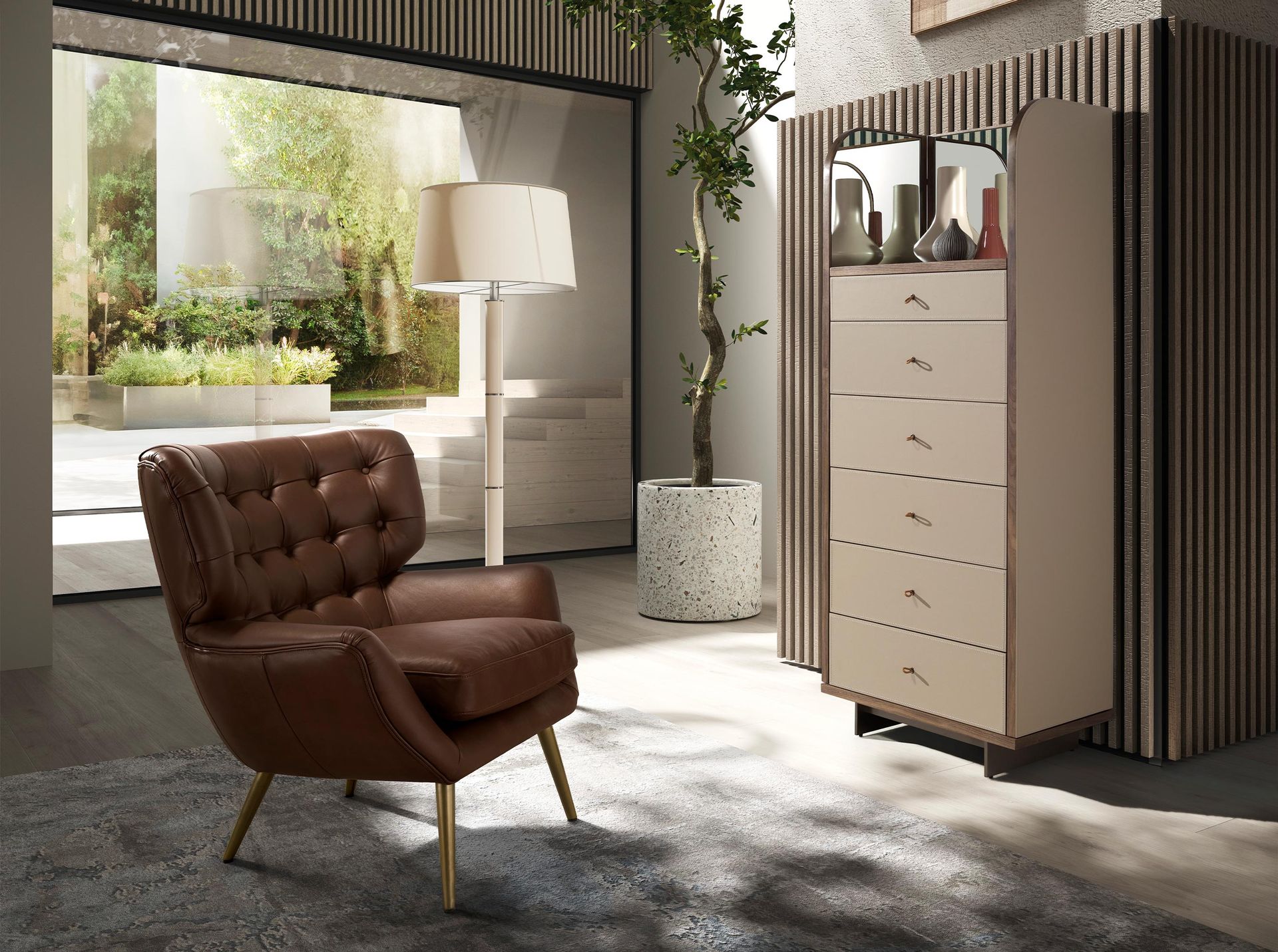 Dresser in faux leather, walnut, and polished steel with mirror