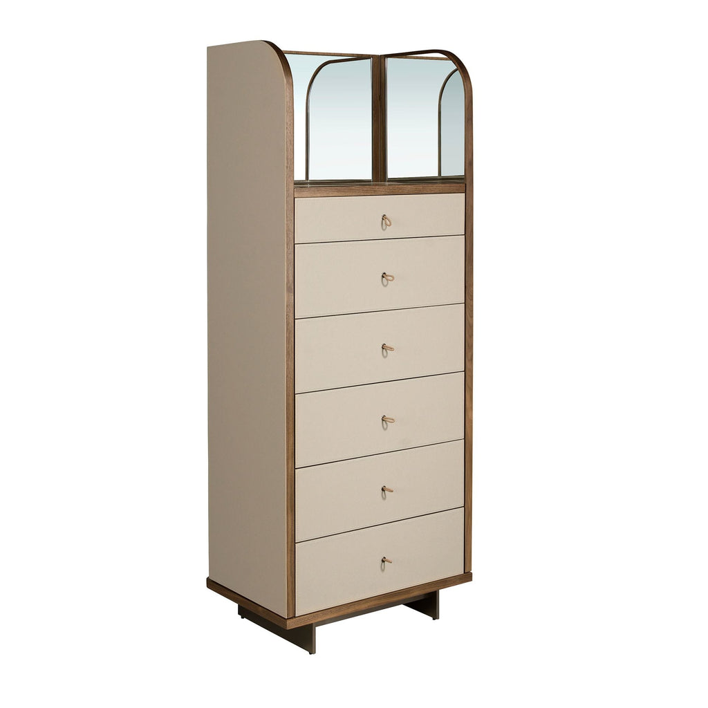 Dresser in faux leather, walnut, and polished steel with mirror