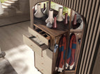Dresser in faux leather, walnut, and polished steel with mirror