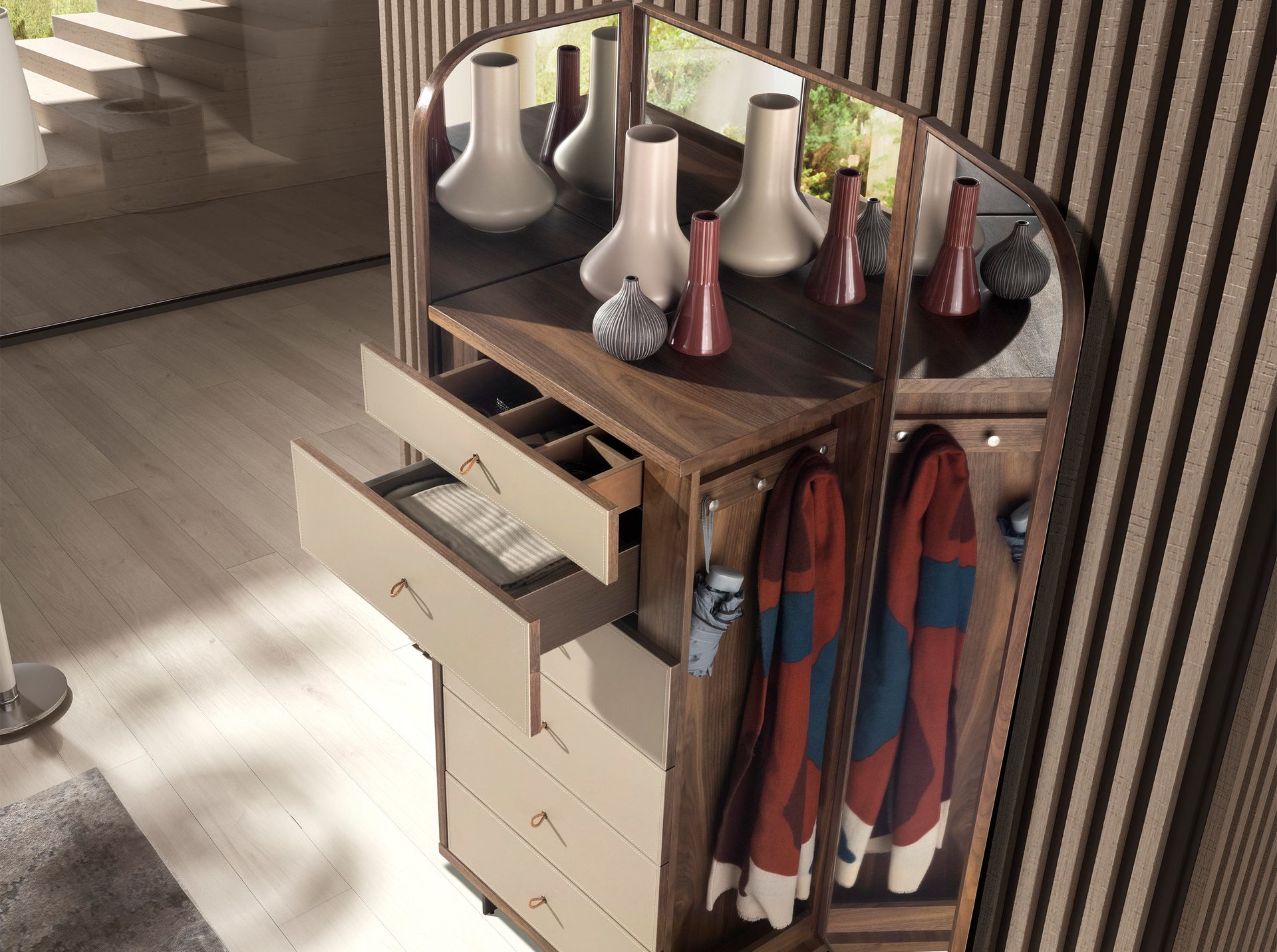 Dresser in faux leather, walnut, and polished steel with mirror