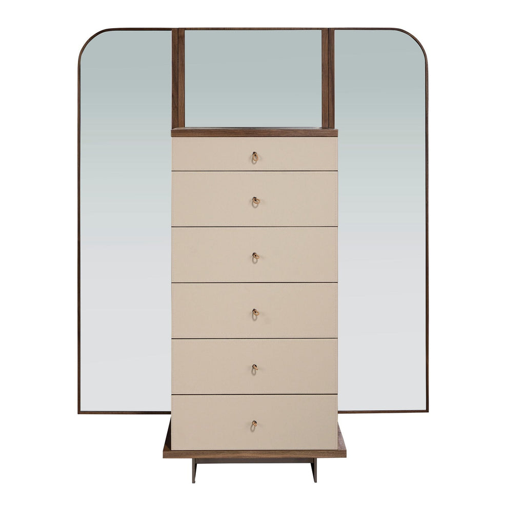 Dresser in faux leather, walnut, and polished steel with mirror