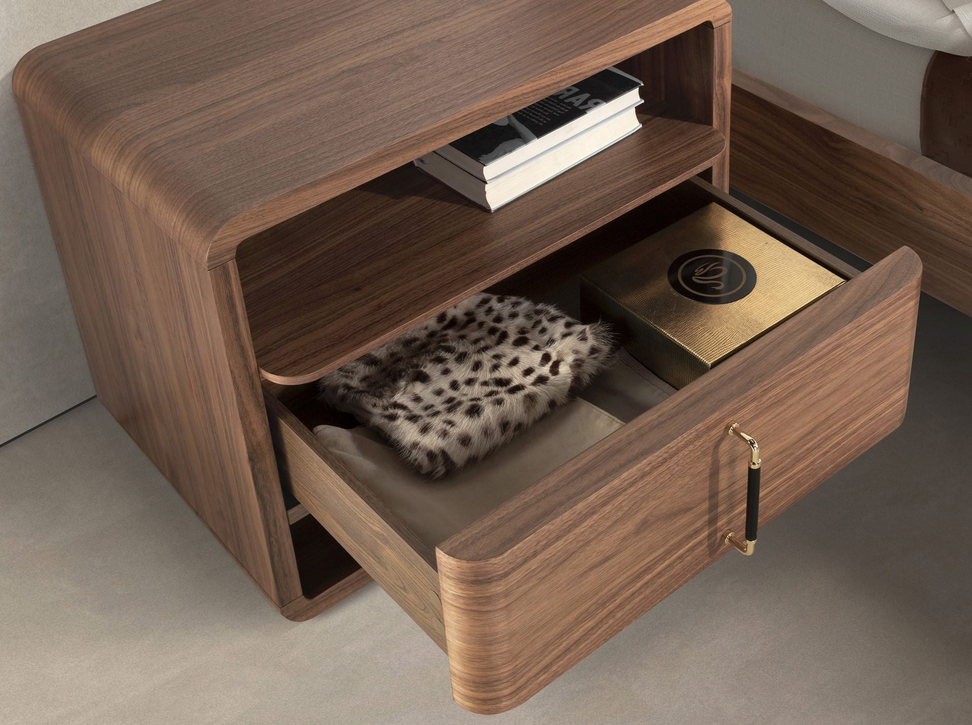 Walnut and black PVC bedside table
