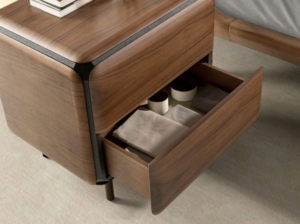 Bedside table in walnut, wenge and metallic brown steel