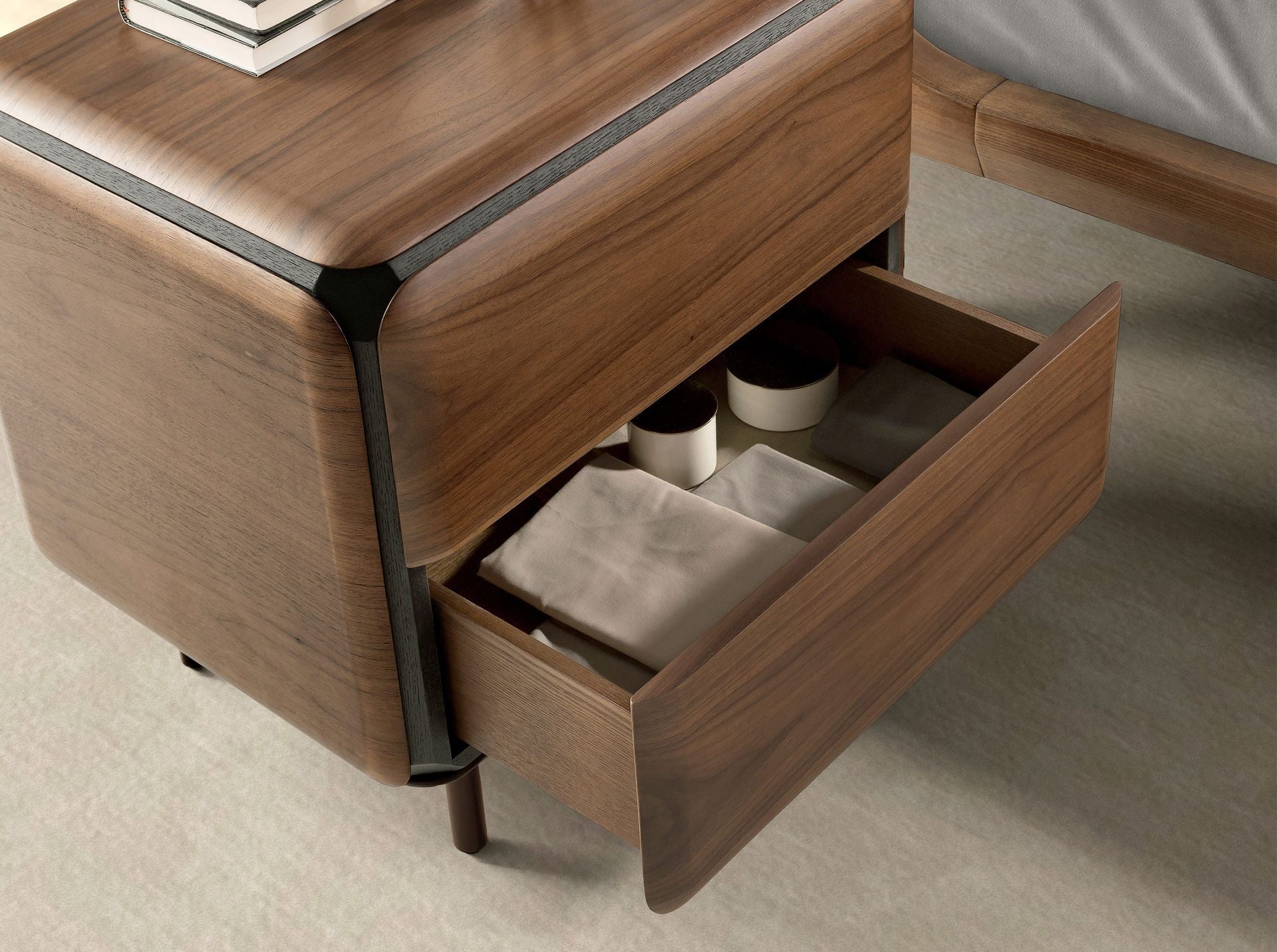 Bedside table in walnut, wenge and metallic brown steel