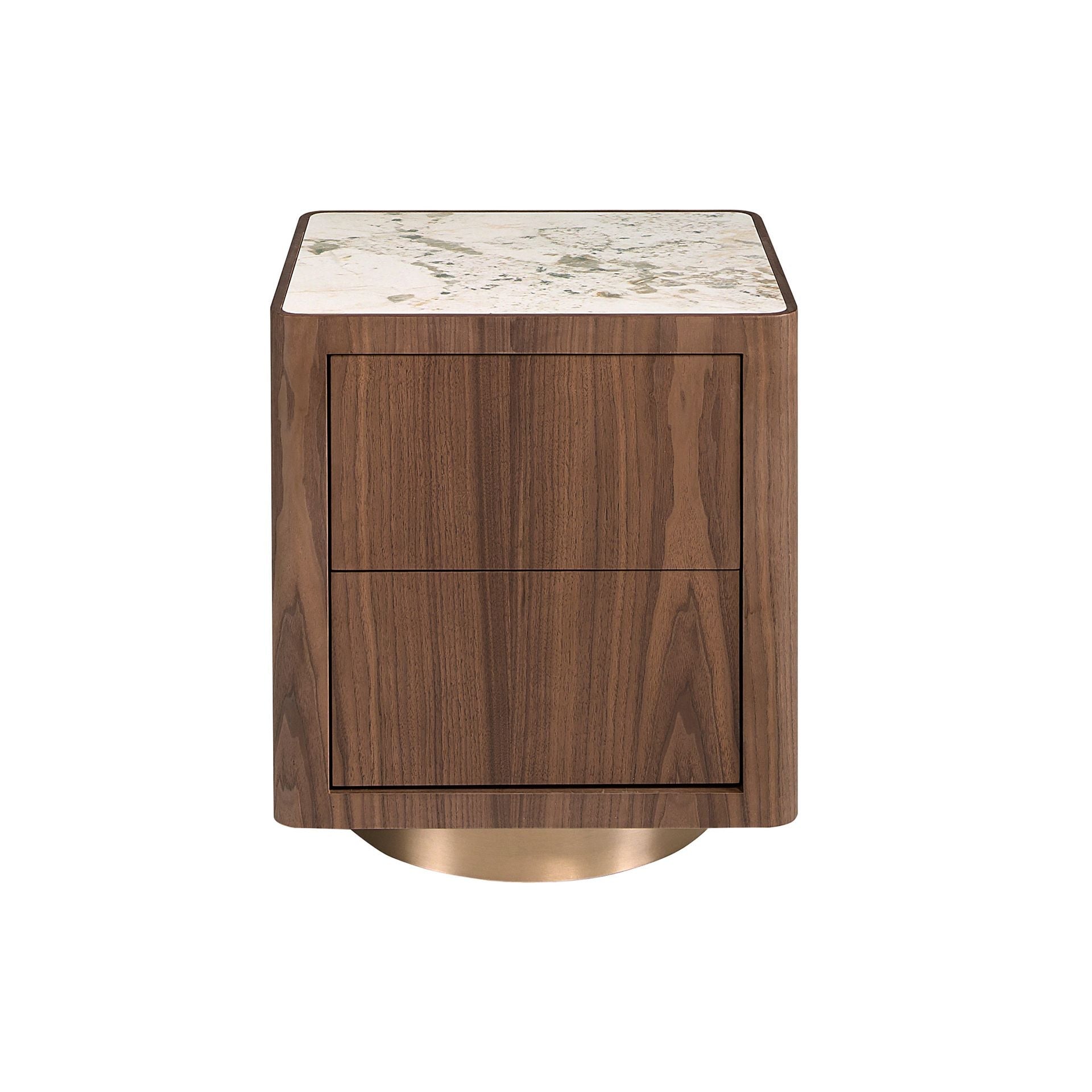 Bedside table in walnut, polished gilded steel and porcelain stoneware top