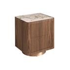 Bedside table in walnut, polished gilded steel and porcelain stoneware top