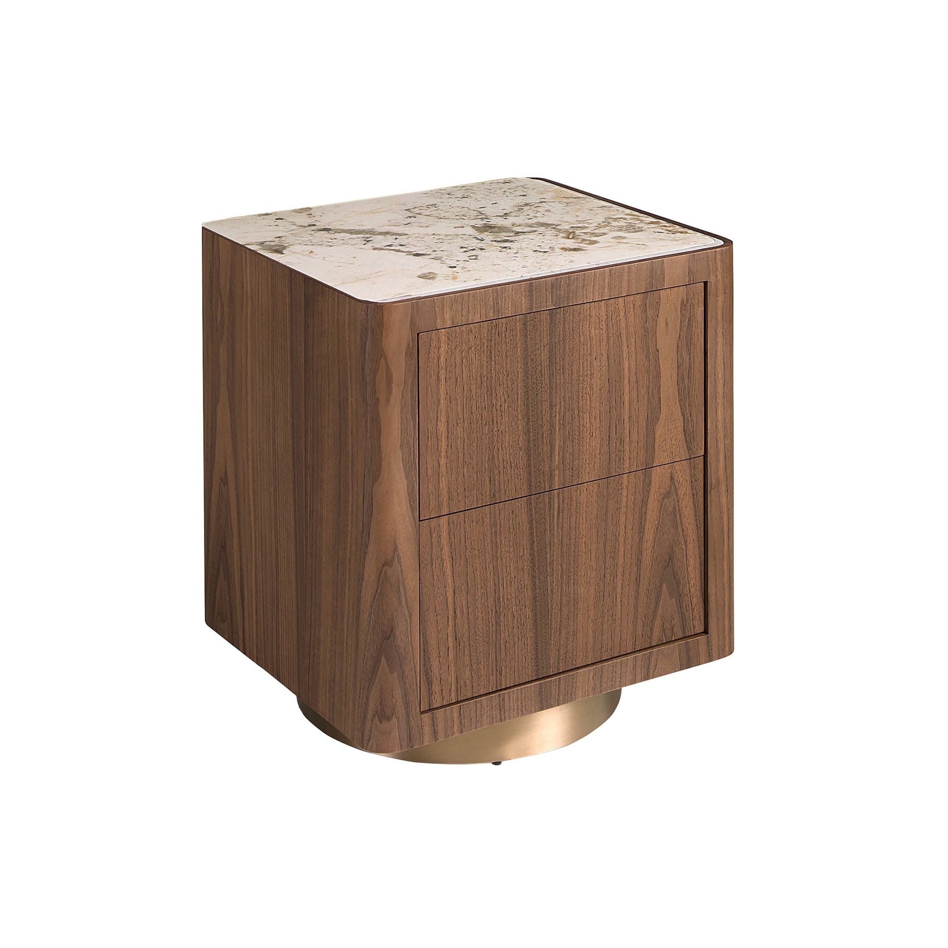 Bedside table in walnut, polished gilded steel and porcelain stoneware top