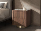 Bedside table in walnut, polished gilded steel and porcelain stoneware top