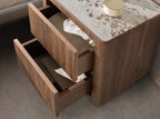 Bedside table in walnut, polished gilded steel and porcelain stoneware top