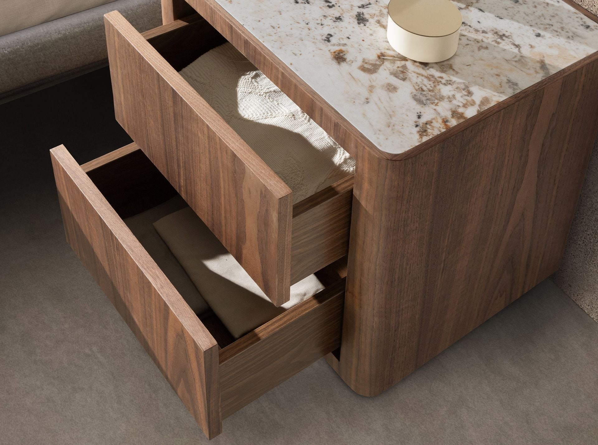 Bedside table in walnut, polished gilded steel and porcelain stoneware top