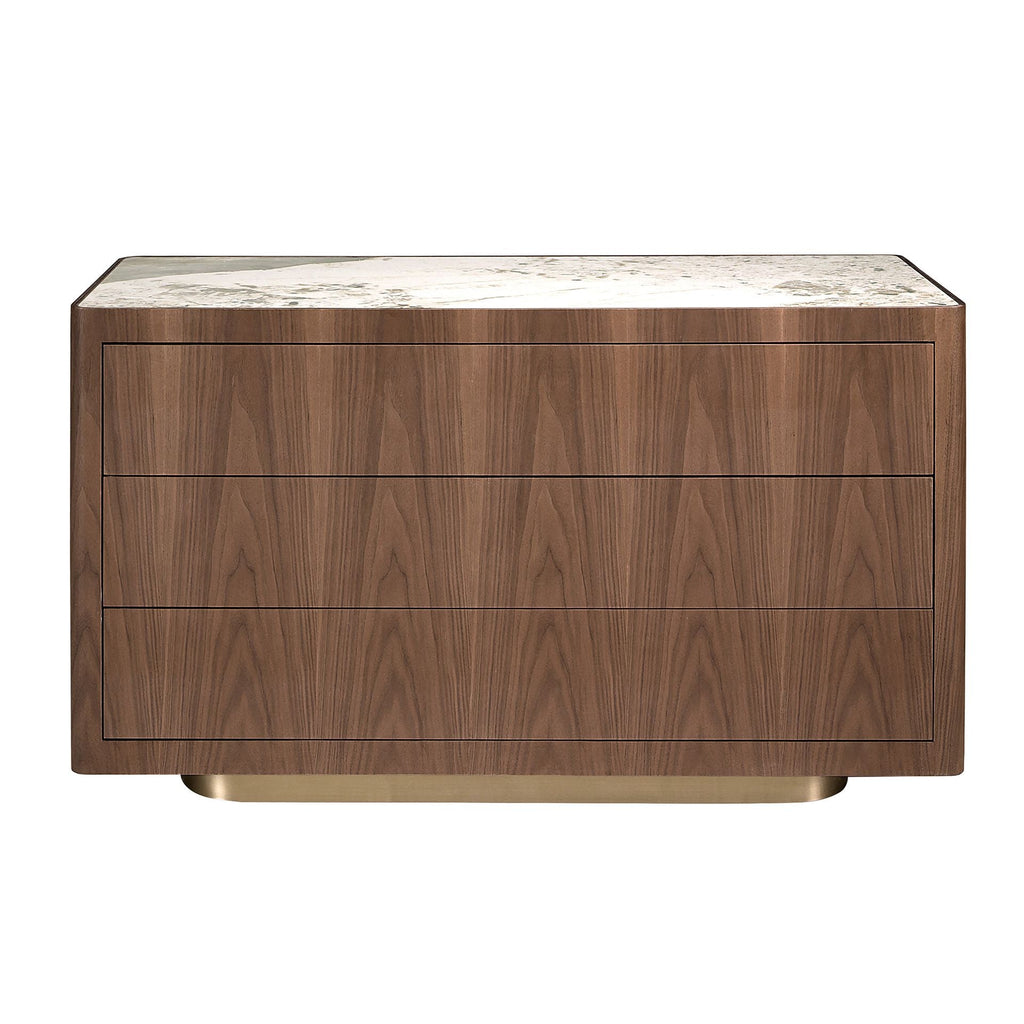 Chest of drawers in walnut, polished gold steel and porcelain marble top