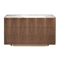 Chest of drawers in walnut, polished gold steel and porcelain marble top
