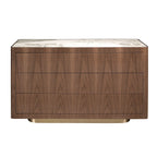 Chest of drawers in walnut, polished gold steel and porcelain marble top