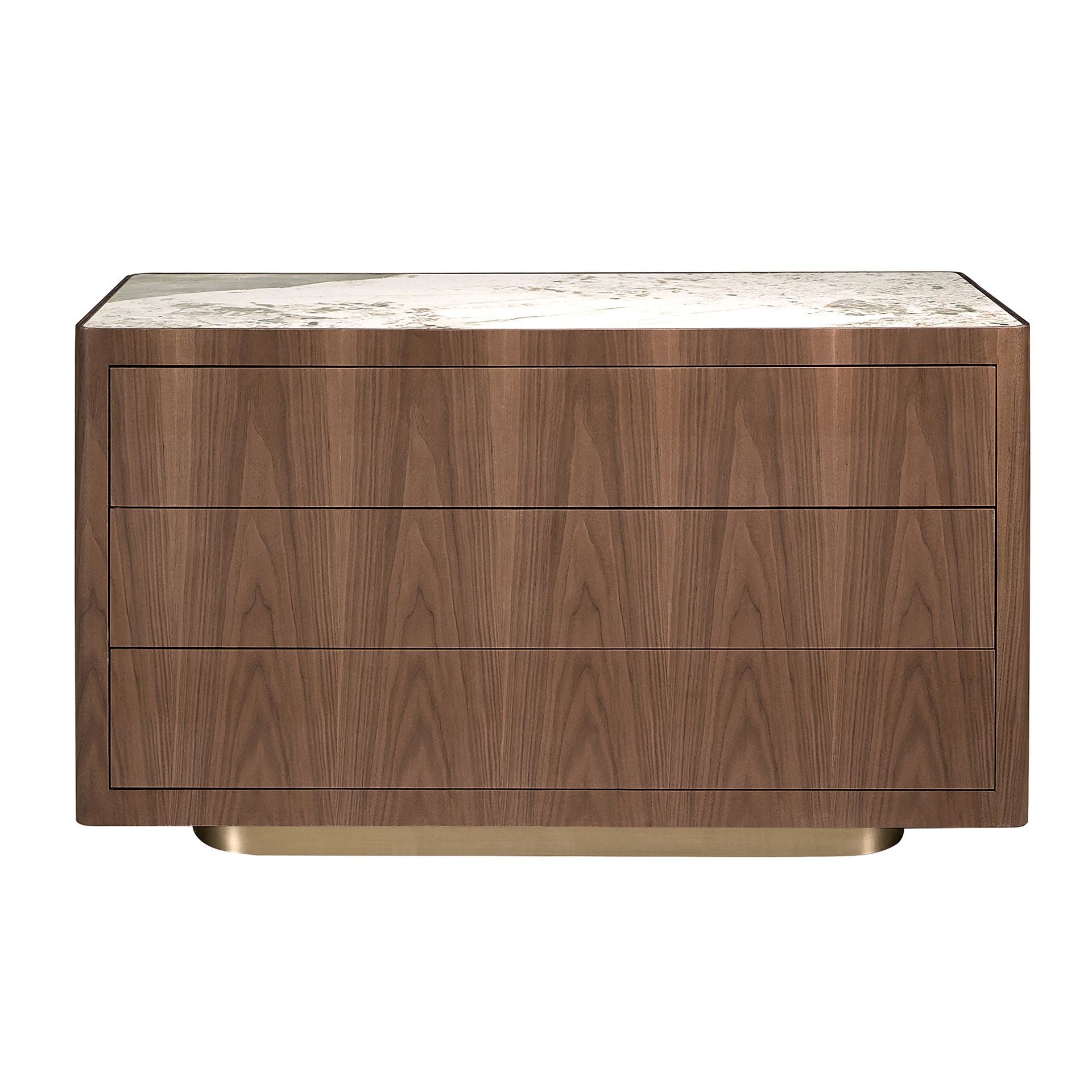 Chest of drawers in walnut, polished gold steel and porcelain marble top