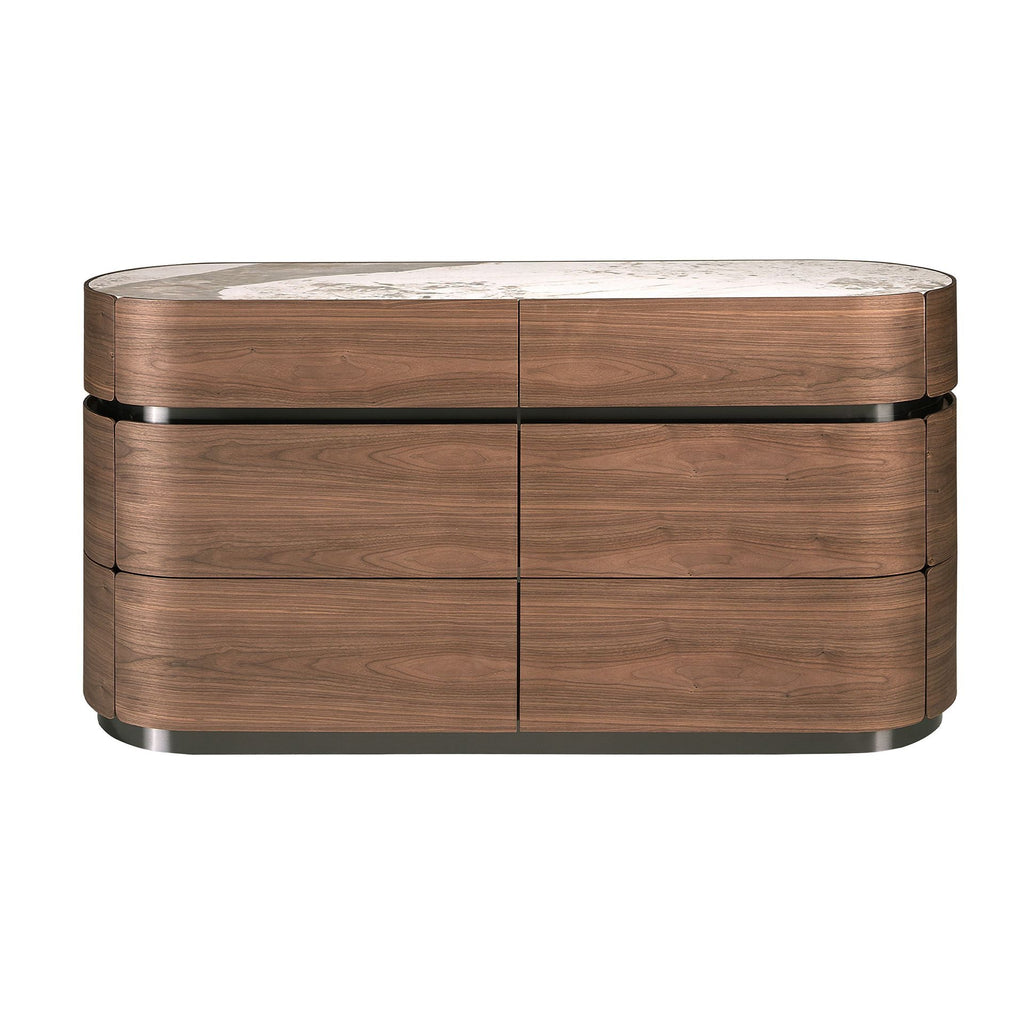 Chest of drawers in walnut, burnished steel base and porcelain marble top