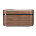 Chest of drawers in walnut, burnished steel base and porcelain marble top