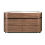 Chest of drawers in walnut, burnished steel base and porcelain marble top