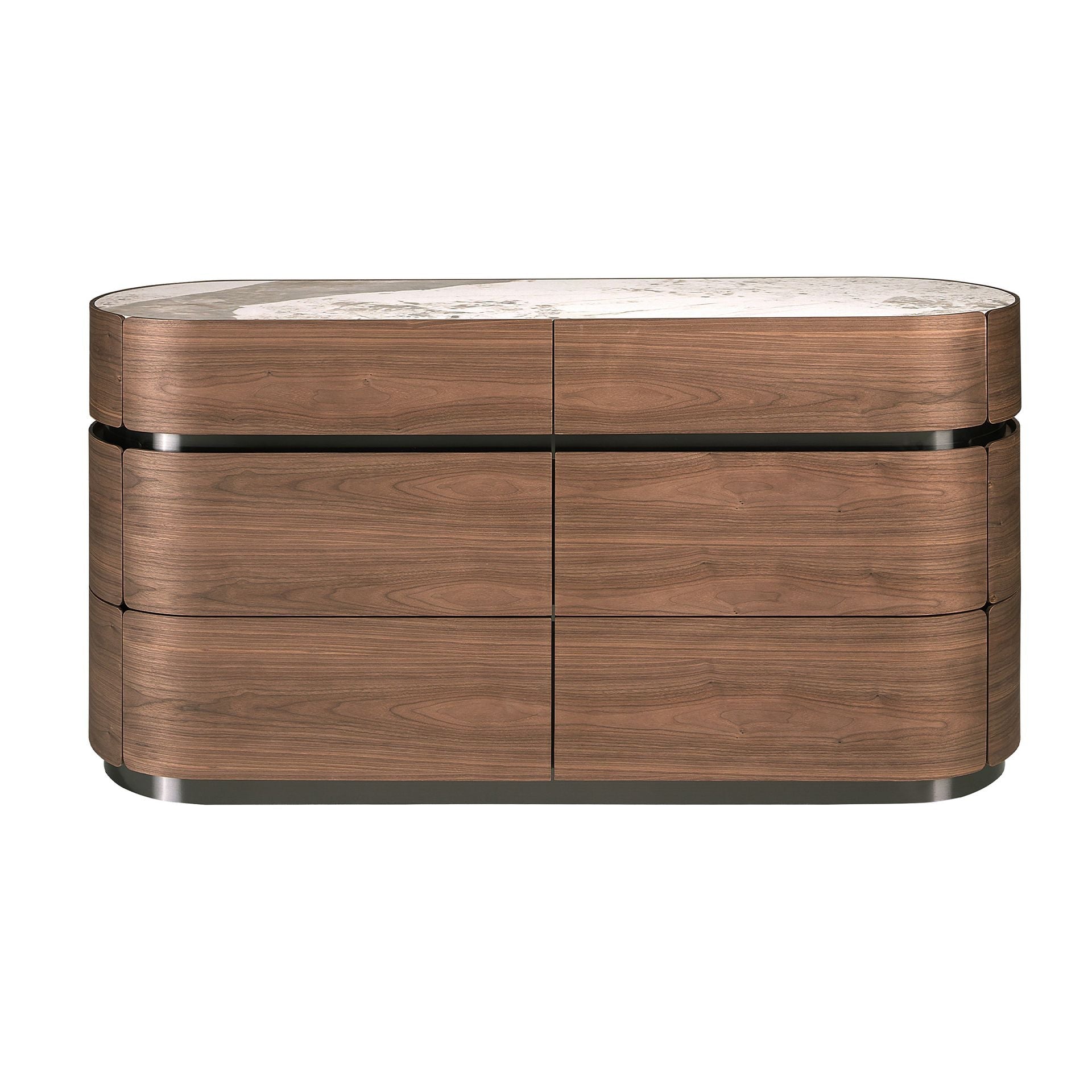 Chest of drawers in walnut, burnished steel base and porcelain marble top