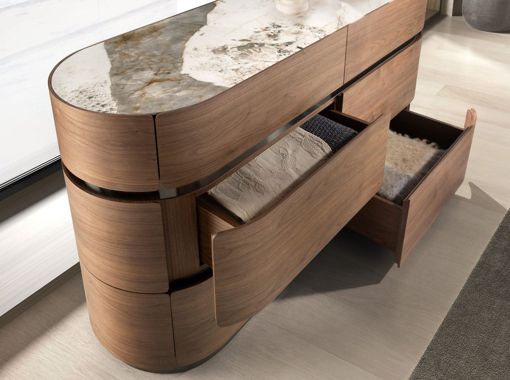Chest of drawers in walnut, burnished steel base and porcelain marble top