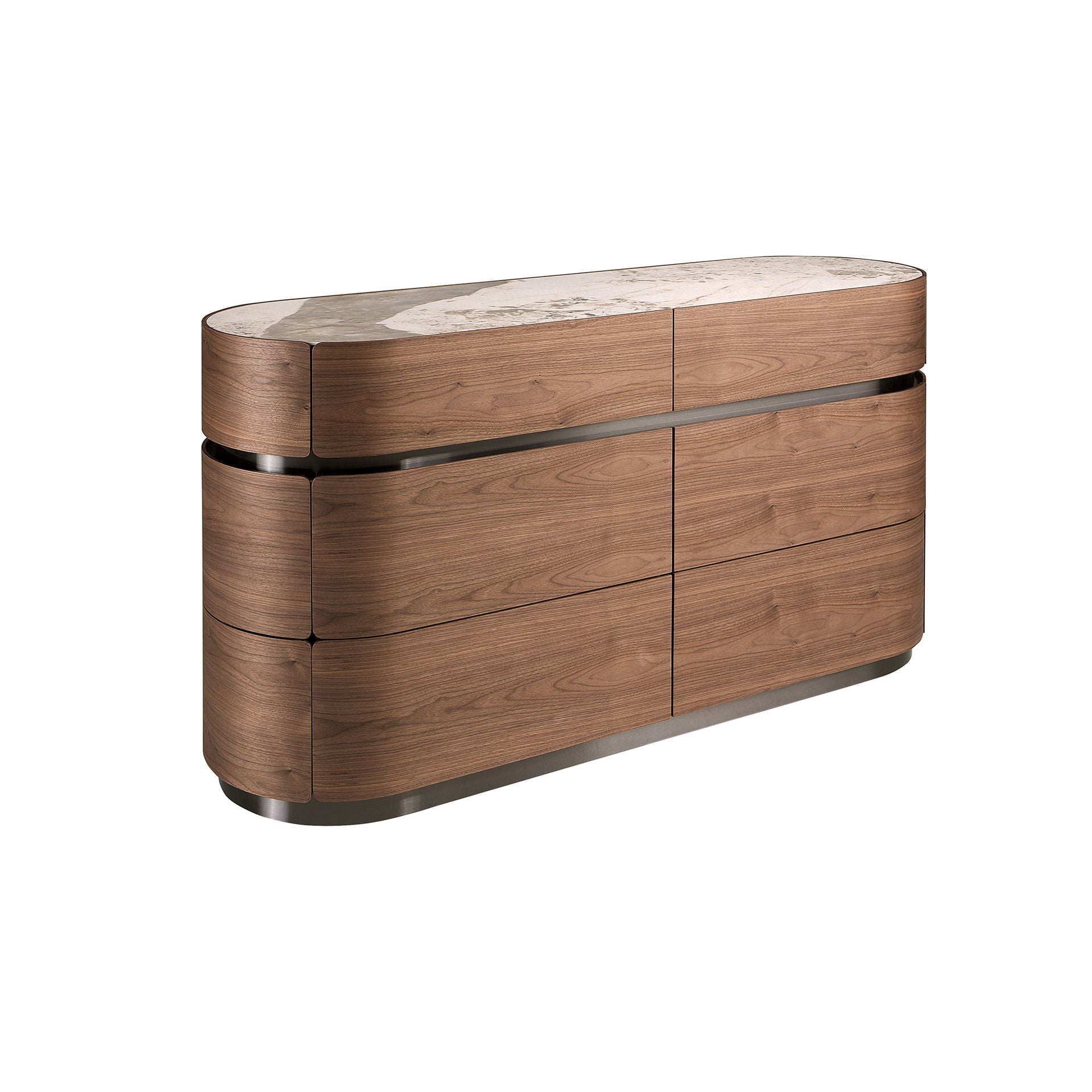 Chest of drawers in walnut, burnished steel base and porcelain marble top