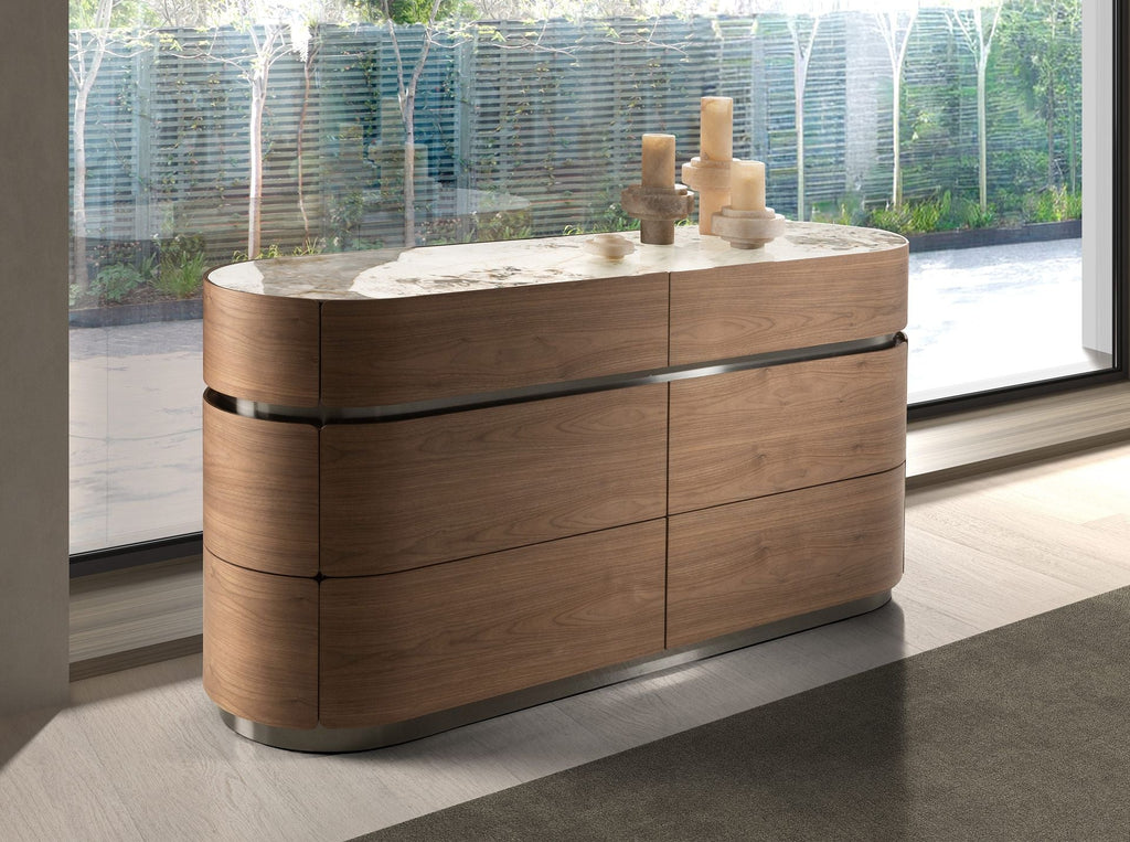 Chest of drawers in walnut, burnished steel base and porcelain marble top