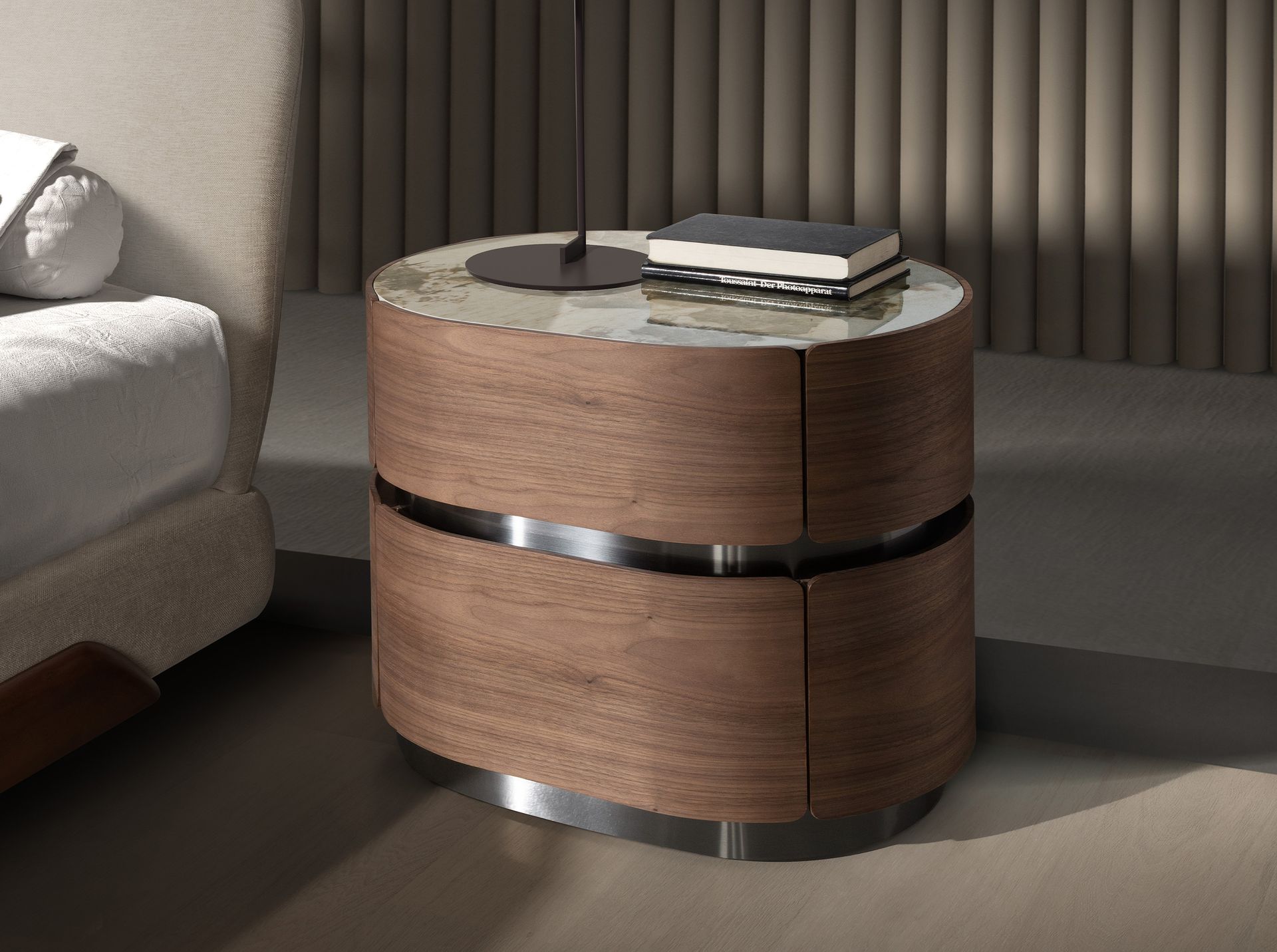 Walnut nightstand, burnished steel base and porcelain marble top