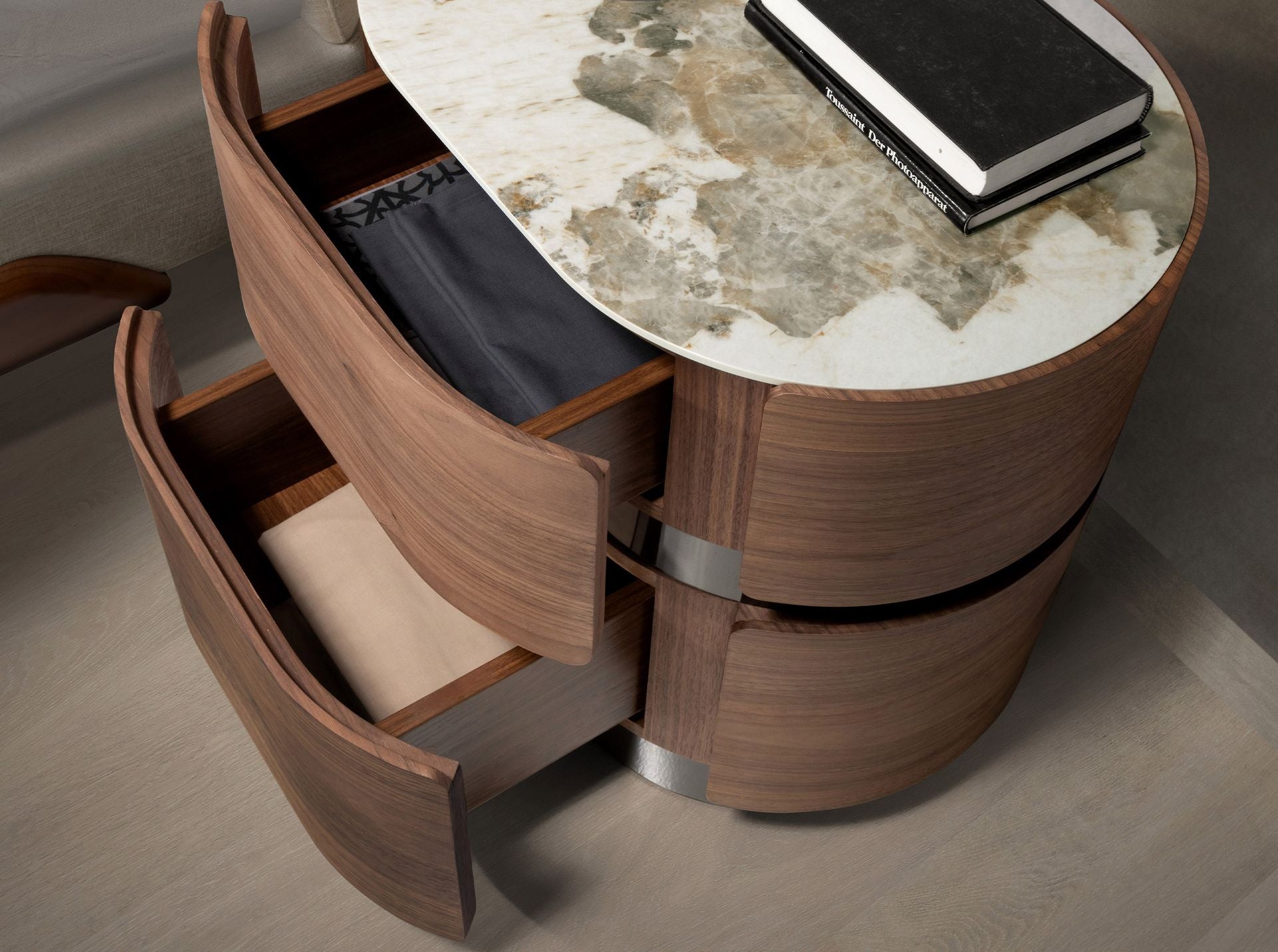 Walnut nightstand, burnished steel base and porcelain marble top