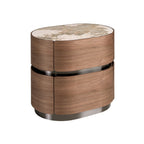 Walnut nightstand, burnished steel base and porcelain marble top