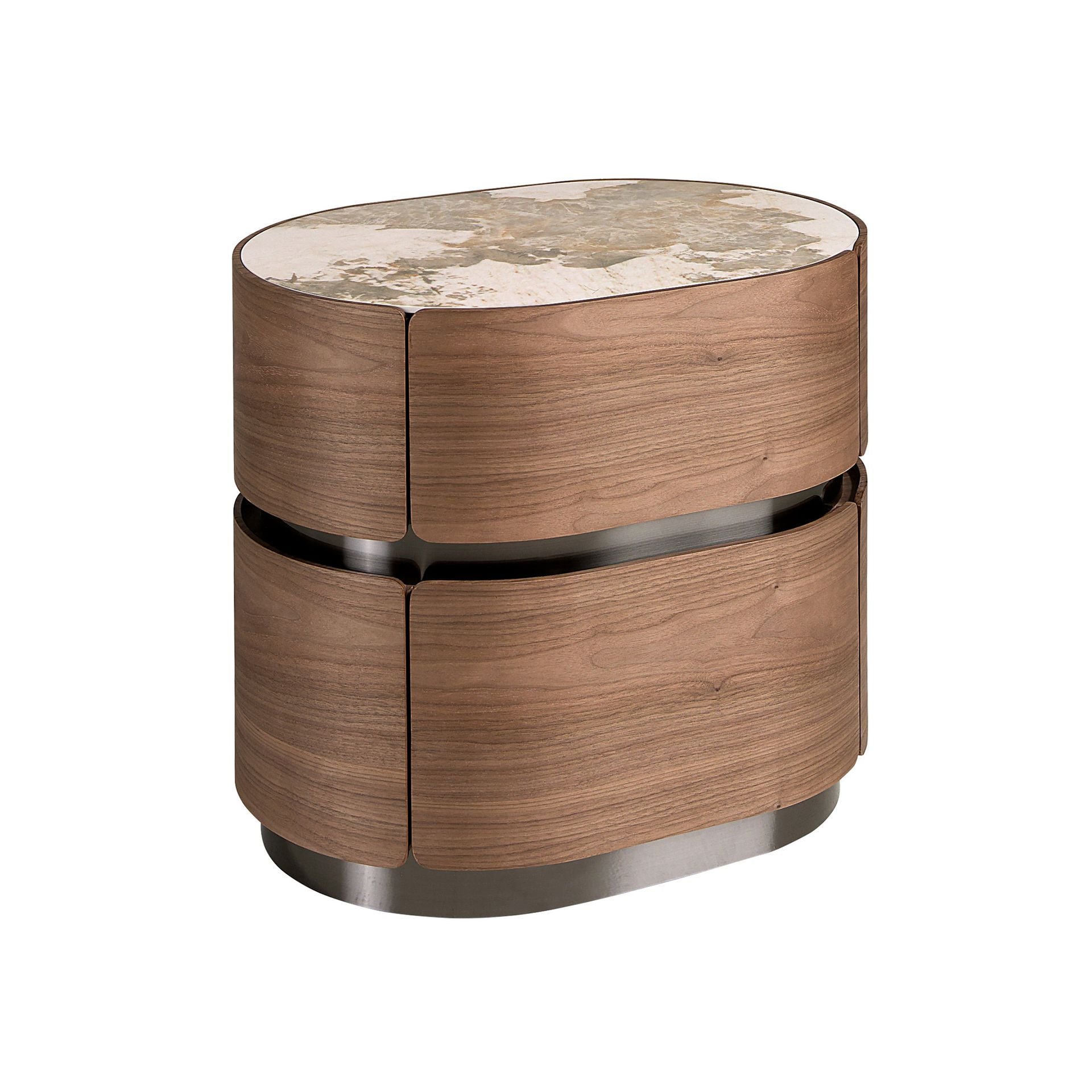 Walnut nightstand, burnished steel base and porcelain marble top
