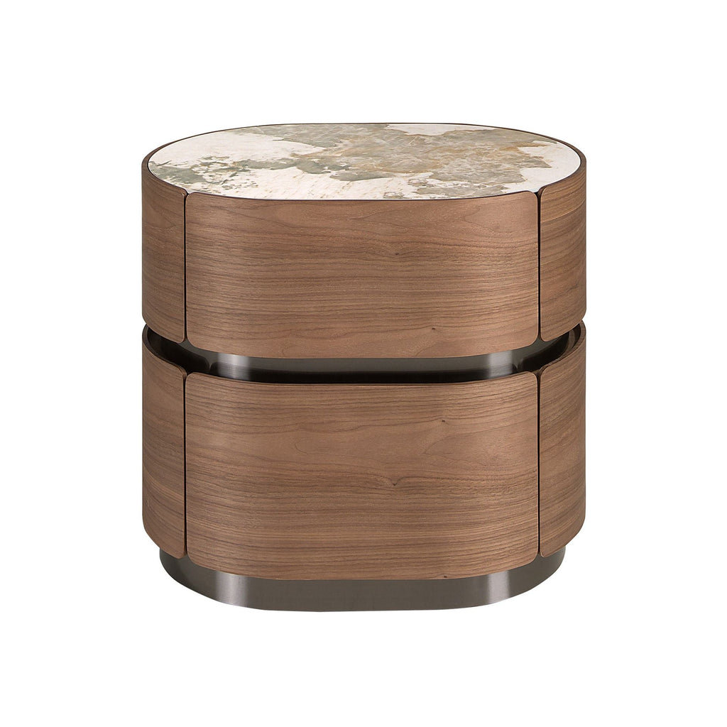 Walnut nightstand, burnished steel base and porcelain marble top