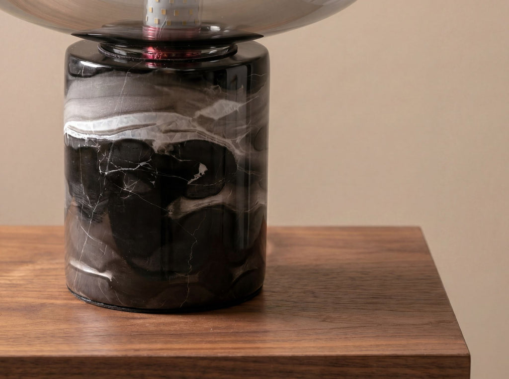 Smoked grey mirror effect glass and porcelain stoneware table lamp