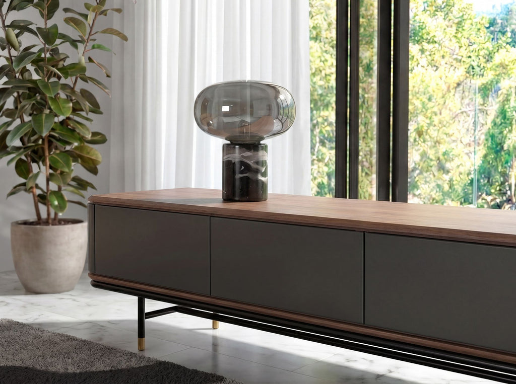 Smoked grey mirror effect glass and porcelain stoneware table lamp