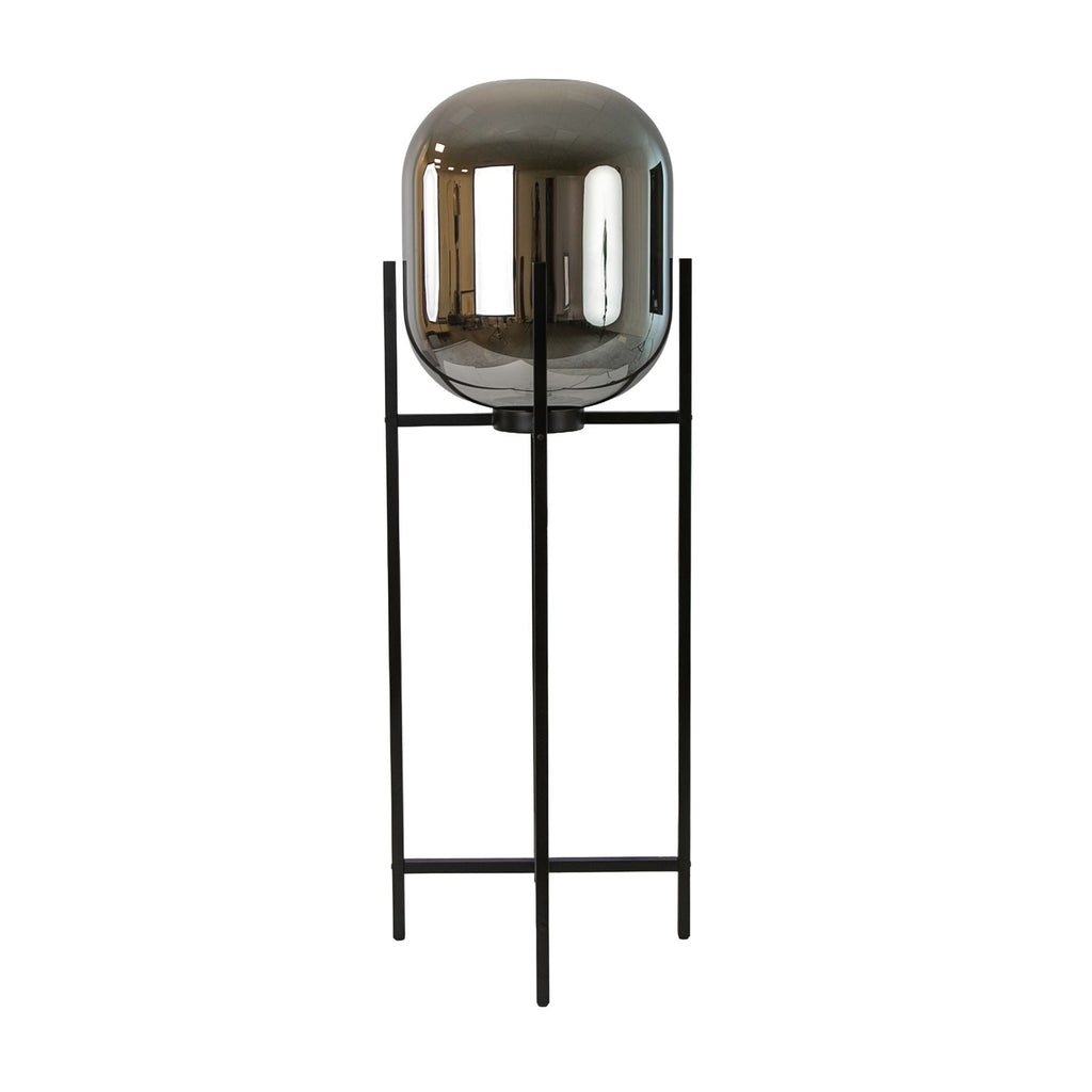 Grey smoked mirror effect glass and black steel floor lamp