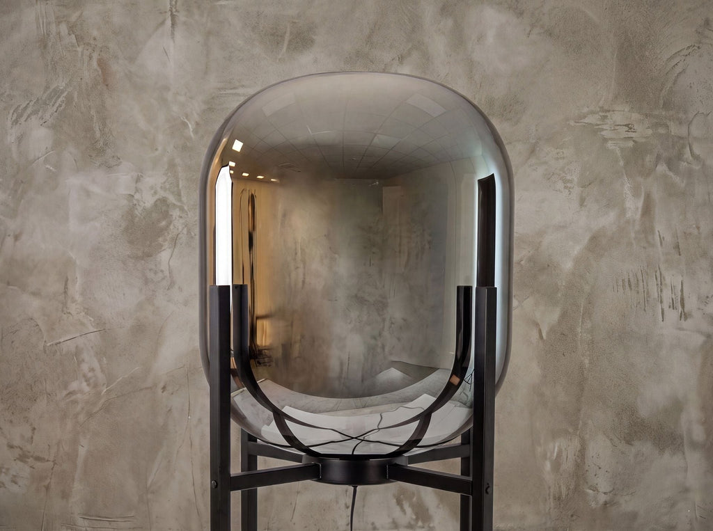 Grey smoked mirror effect glass and black steel floor lamp