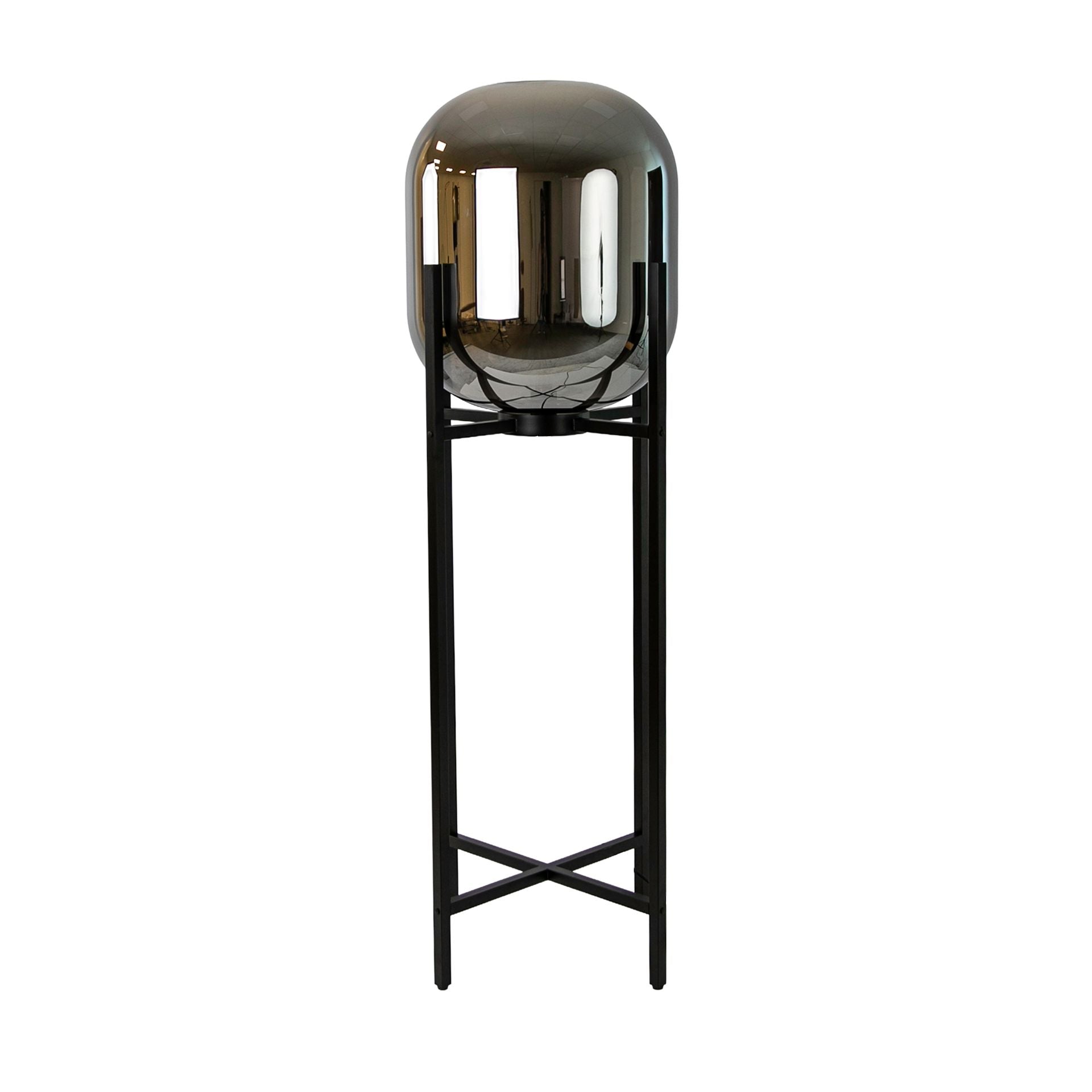 Grey smoked mirror effect glass and black steel floor lamp