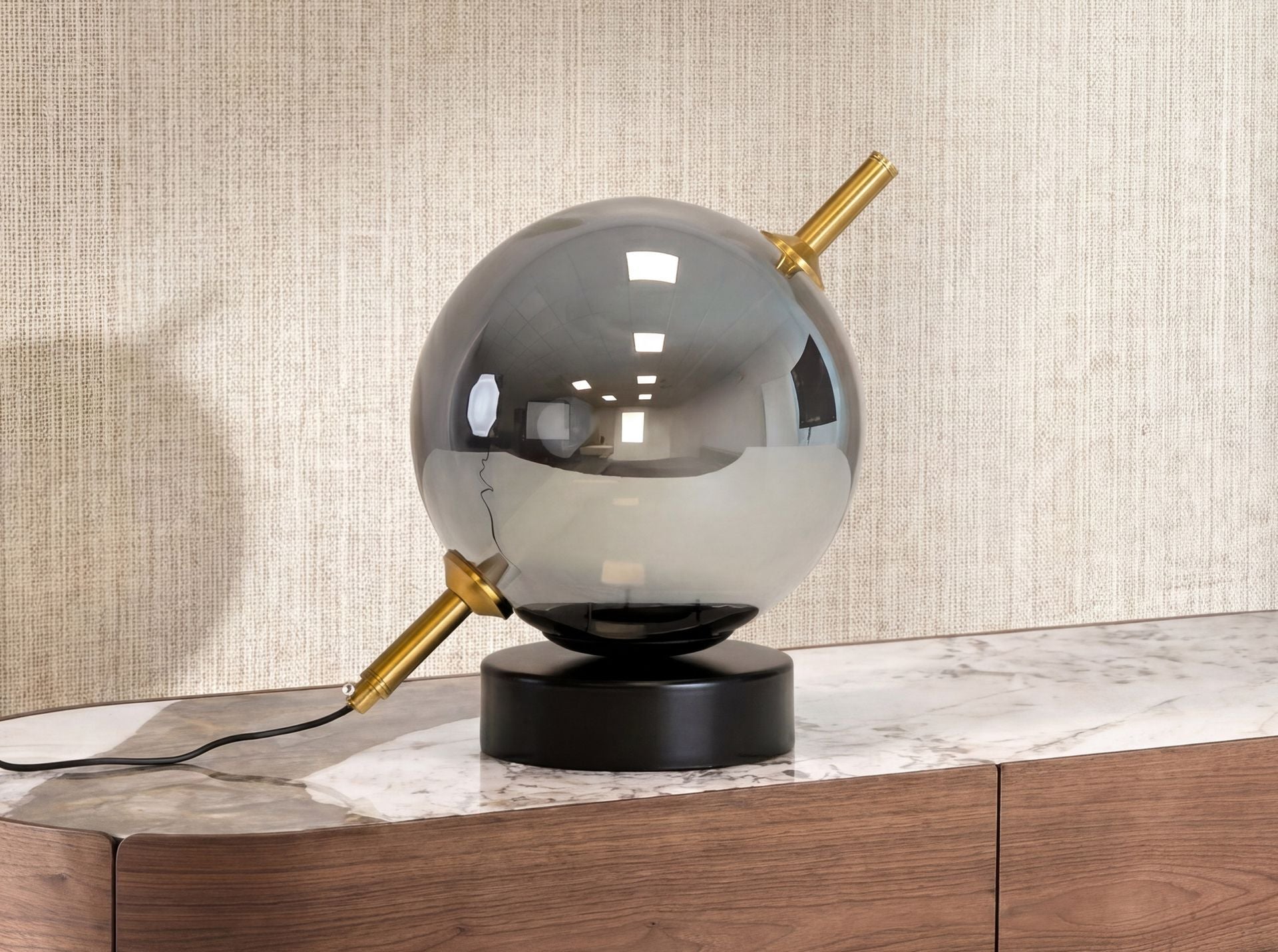Grey smoked glass mirror effect and black steel table lamp