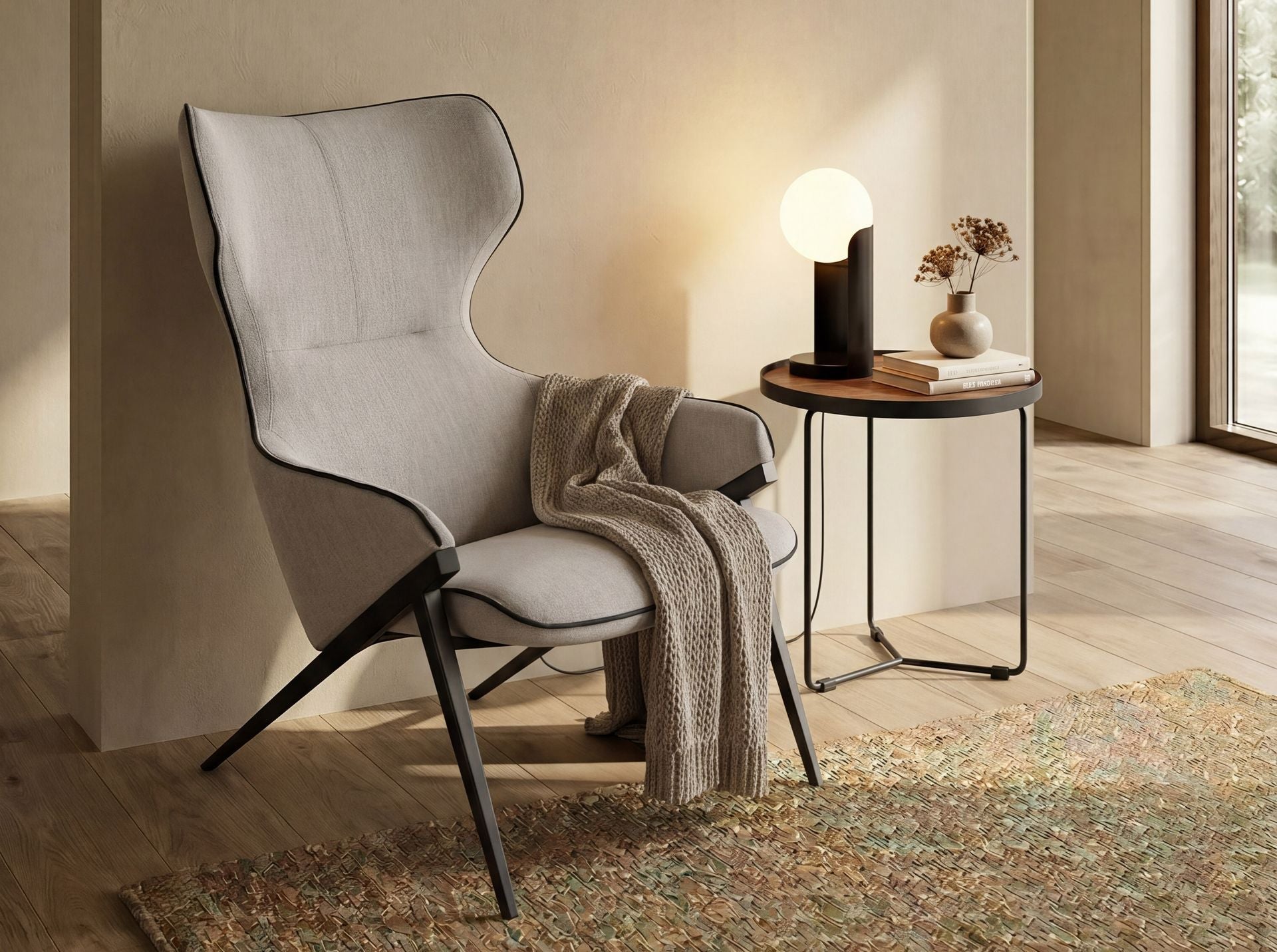 White glass and black steel table lamp