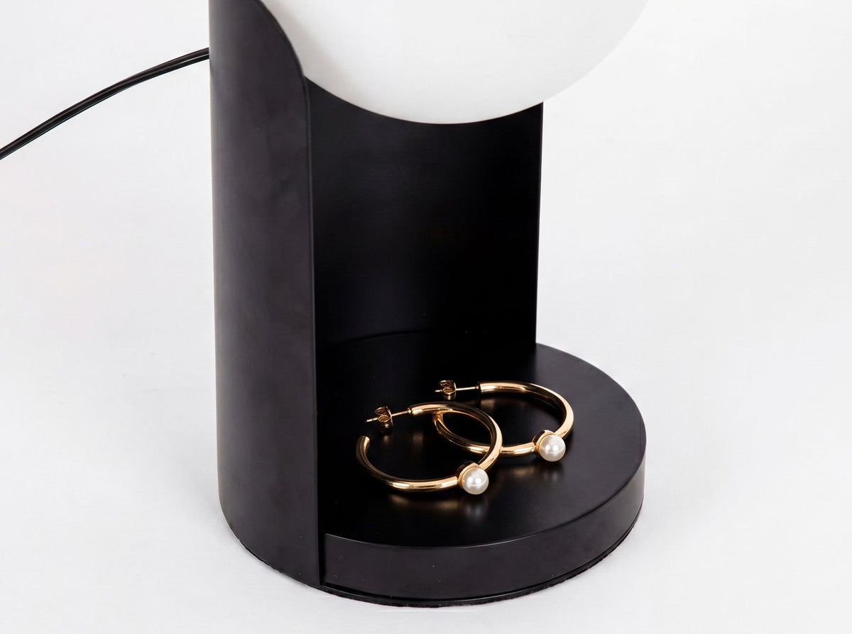 White glass and black steel table lamp