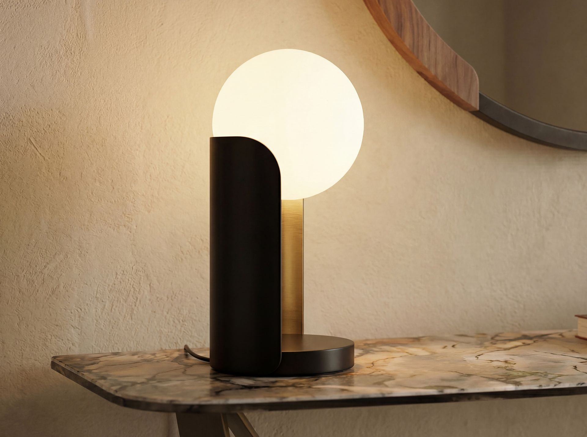 White glass and black steel table lamp