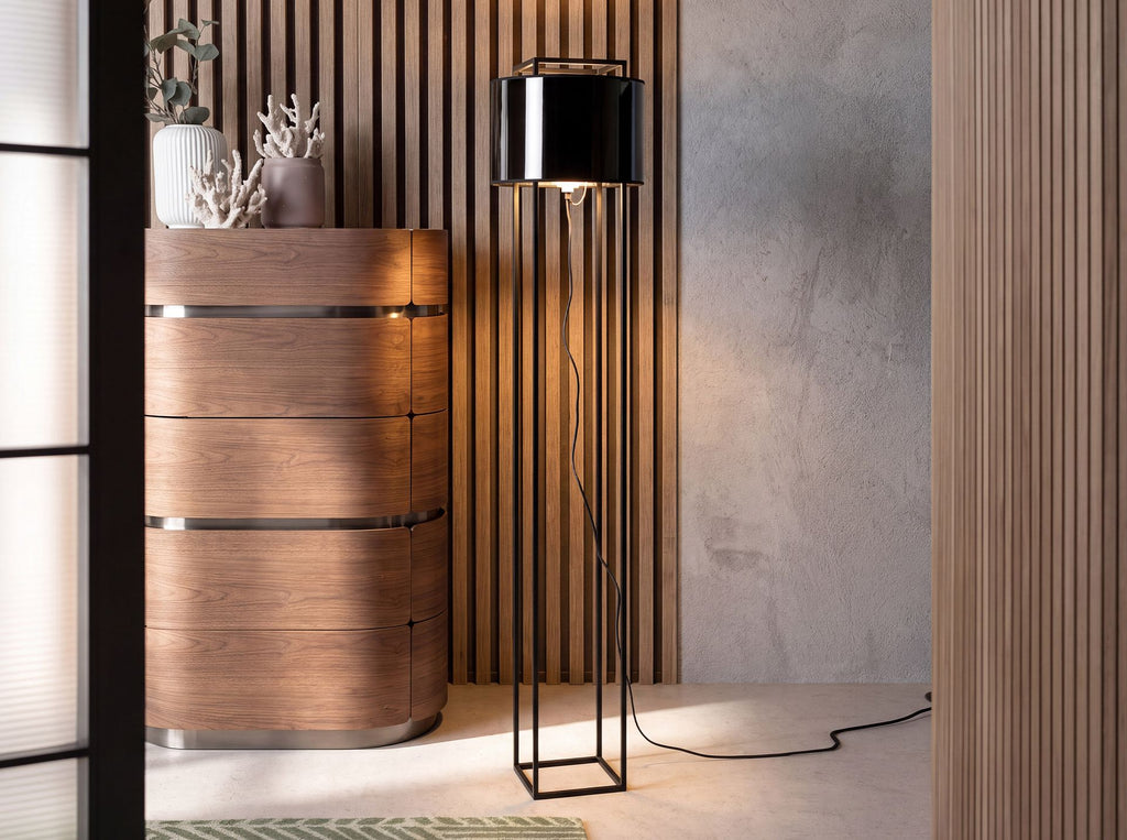 Floor lamp in black and polished gold PVC and black steel
