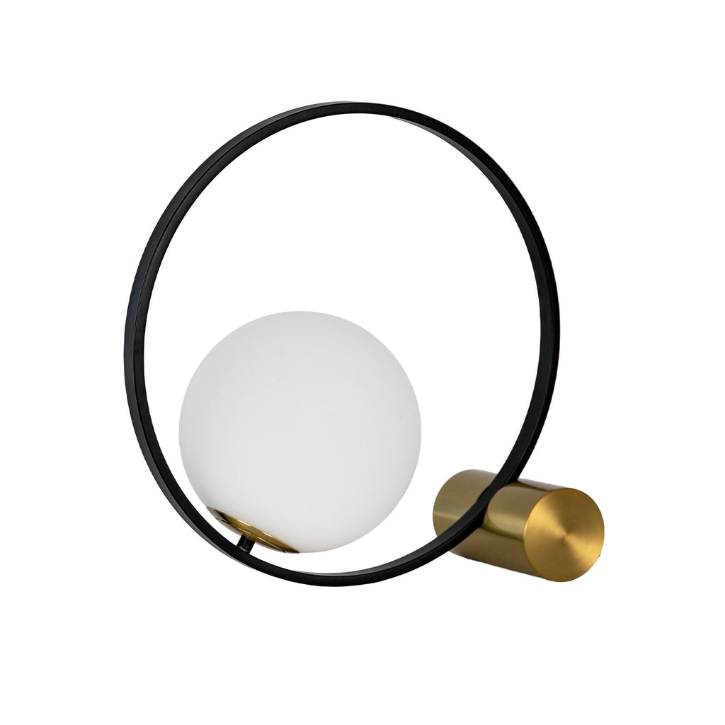 White glass and black steel table lamp with polished golden steel base