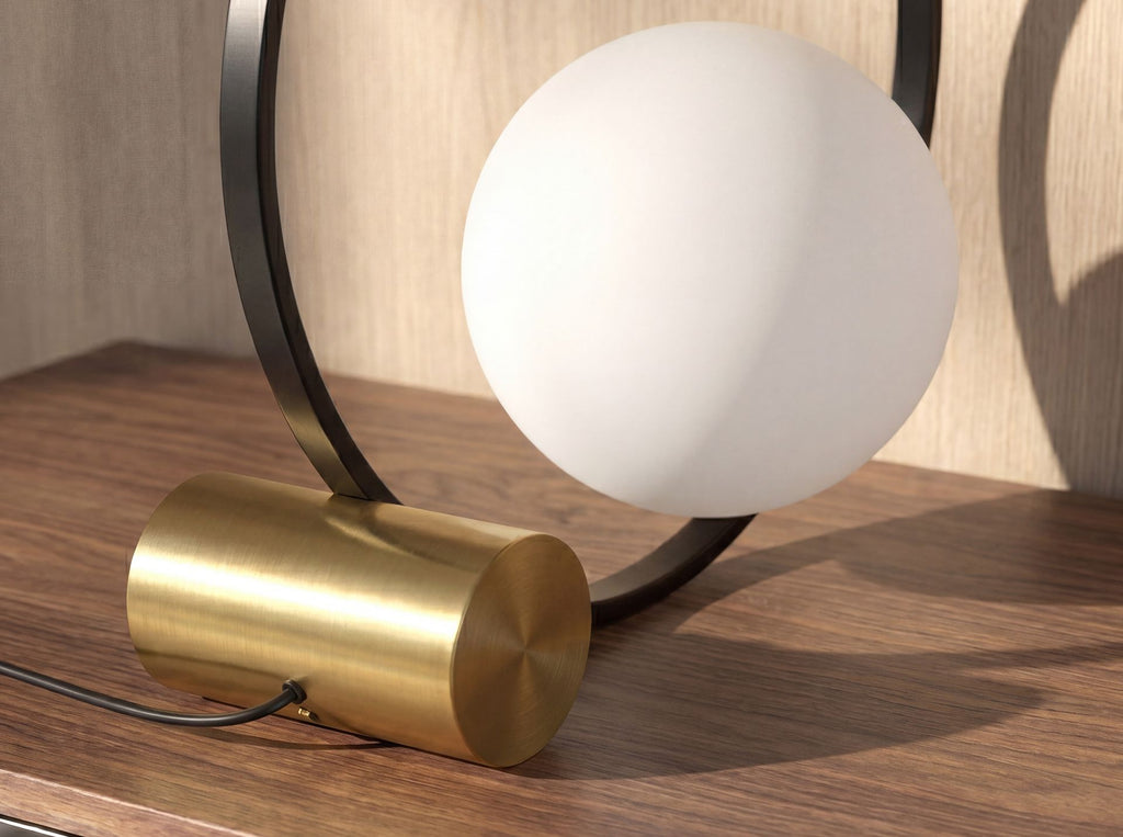 White glass and black steel table lamp with polished golden steel base