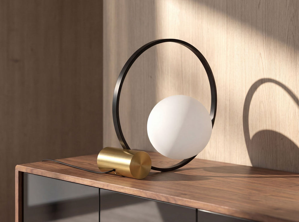 White glass and black steel table lamp with polished golden steel base